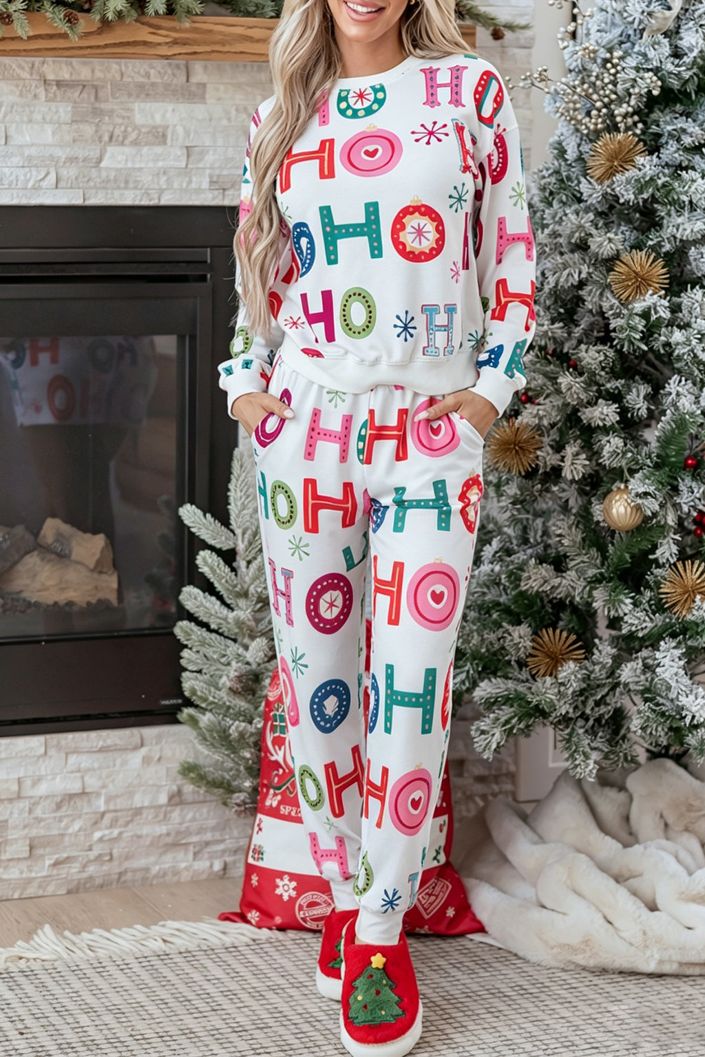 Multicolour Ho Ho Ho Print Long Sleeve Lounge Set