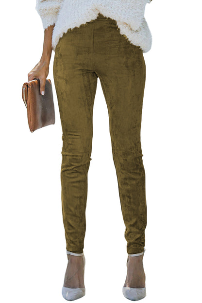 Khaki Mid Rise Faux Suede Skinny Leggings