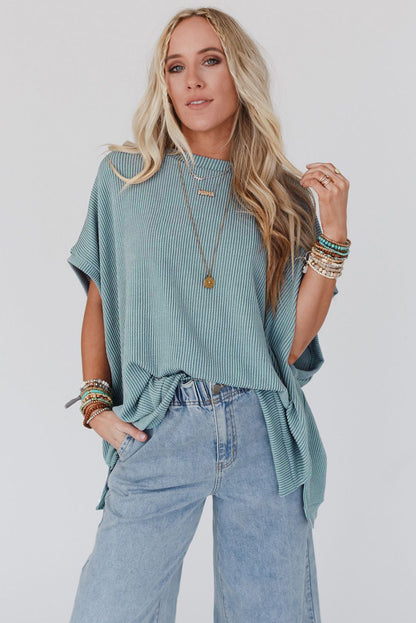 Sky Blue Plain Ribbed Knit Batwing Sleeve Tunic Oversized T Shirt