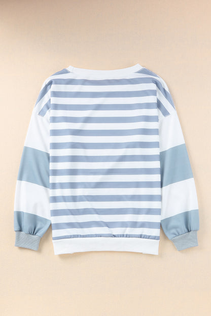 Blue Striped Casual Drop Shoulder Pullover Sweatshirt