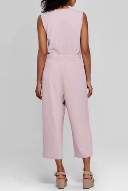 Pink Buttoned Sleeveless Cropped Jumpsuit With Sash