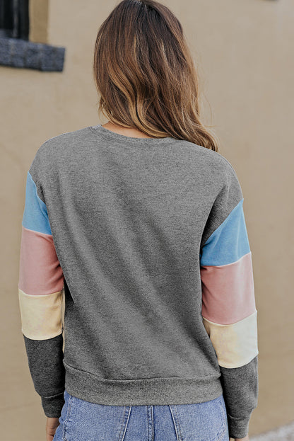 Rosy Color Block Casual Drop Sleeve Sweatshirt