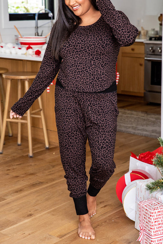 Gray Leopard Plus Size Long Sleeve Pants Outfit