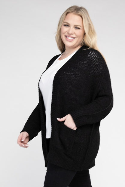 Plus Size Ribbed Knit Open Front Cardigan