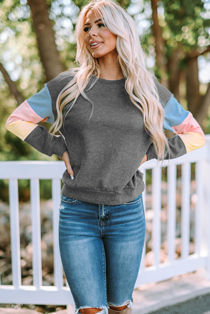 Rosy Color Block Casual Drop Sleeve Sweatshirt