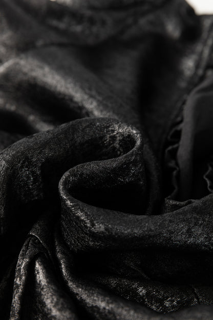 Gold Metallic Velvet Frill V Neck Puff Sleeve Babydoll Blouse