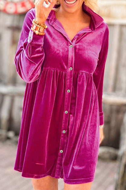 Red Long Sleeve Ruffle Velvet Button Up Shirt Dress