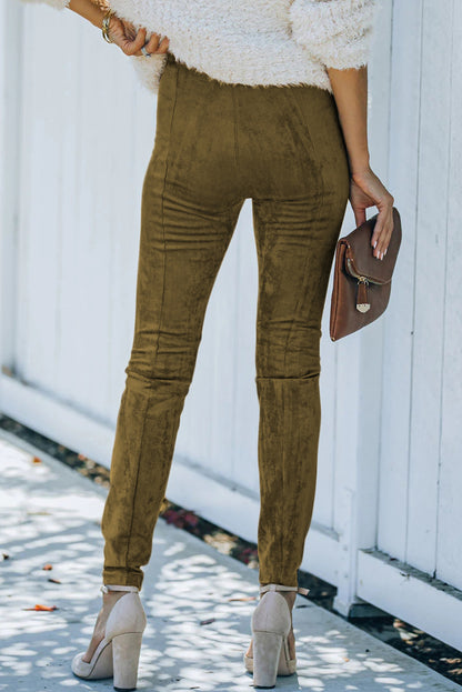 Khaki Mid Rise Faux Suede Skinny Leggings