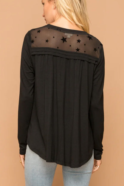 Black Star Print Mesh Patchwork Tunic Blouse