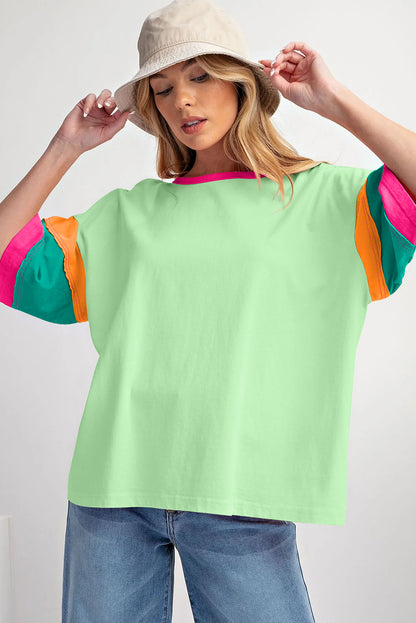 Light Blue Color Block Sleeve Round Neck Oversize Top