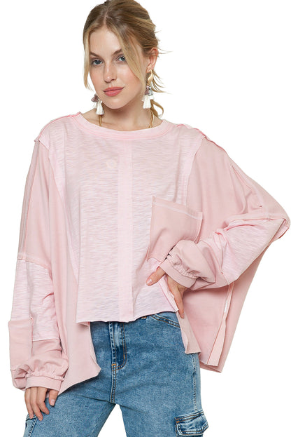 Green Splicing Long Sleeve Pocketed Oversized Top