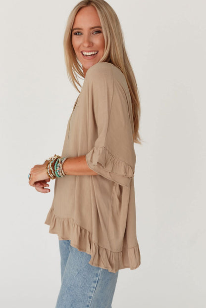 Light Beige Loose Ruffle Trim V Neck Blouse