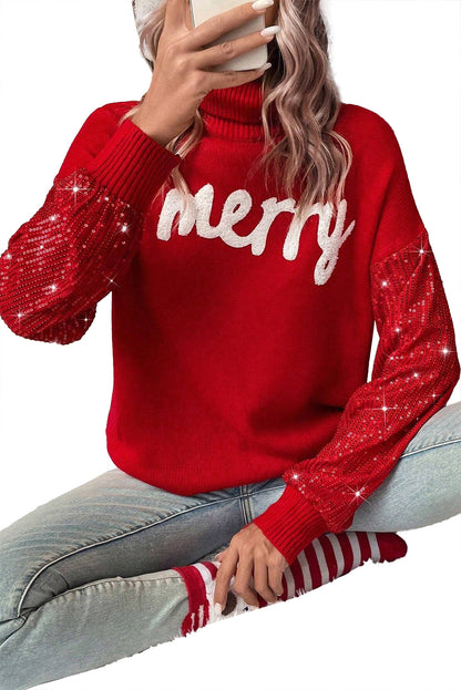 Racing Red Merry Graphic Sequin Sleeve Christmas Sweater