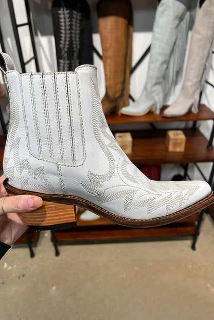 White Embroidered Leather Thick Heel Booties