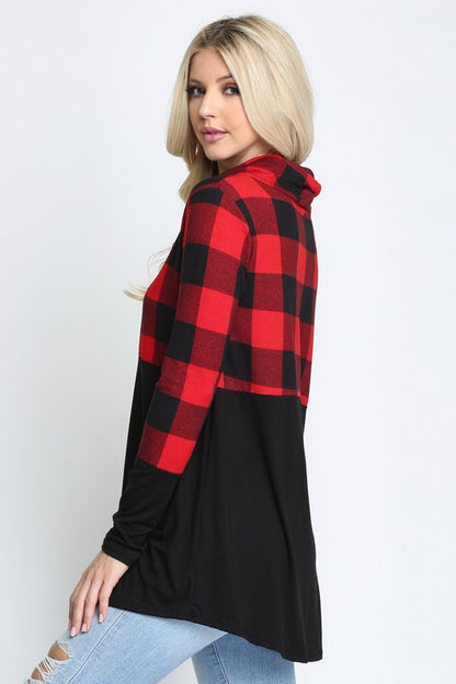 Plaid Solid Contrast Long Sleeve Turtle Neck Top