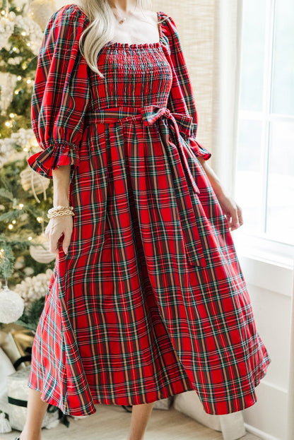 Red Plaid Square Neck Puff Sleeve Bowknot Waist Flared Midi Dress
