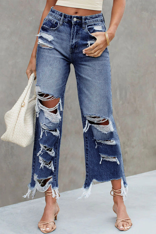 Blue Heavy Destroyed Raw Hem Wide Leg Jeans