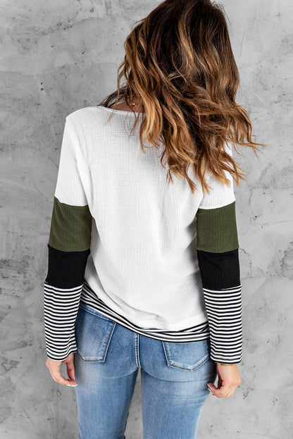 Color Block Stripes Trim Patchwork Casual Textured Long Sleeve Top