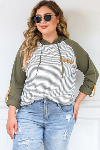 Black Striped Raglan Sleeve Pocket Plus Size Hoodie