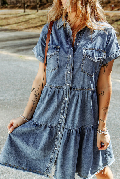 Gray Button Up Short Sleeve Denim Shirt Dress