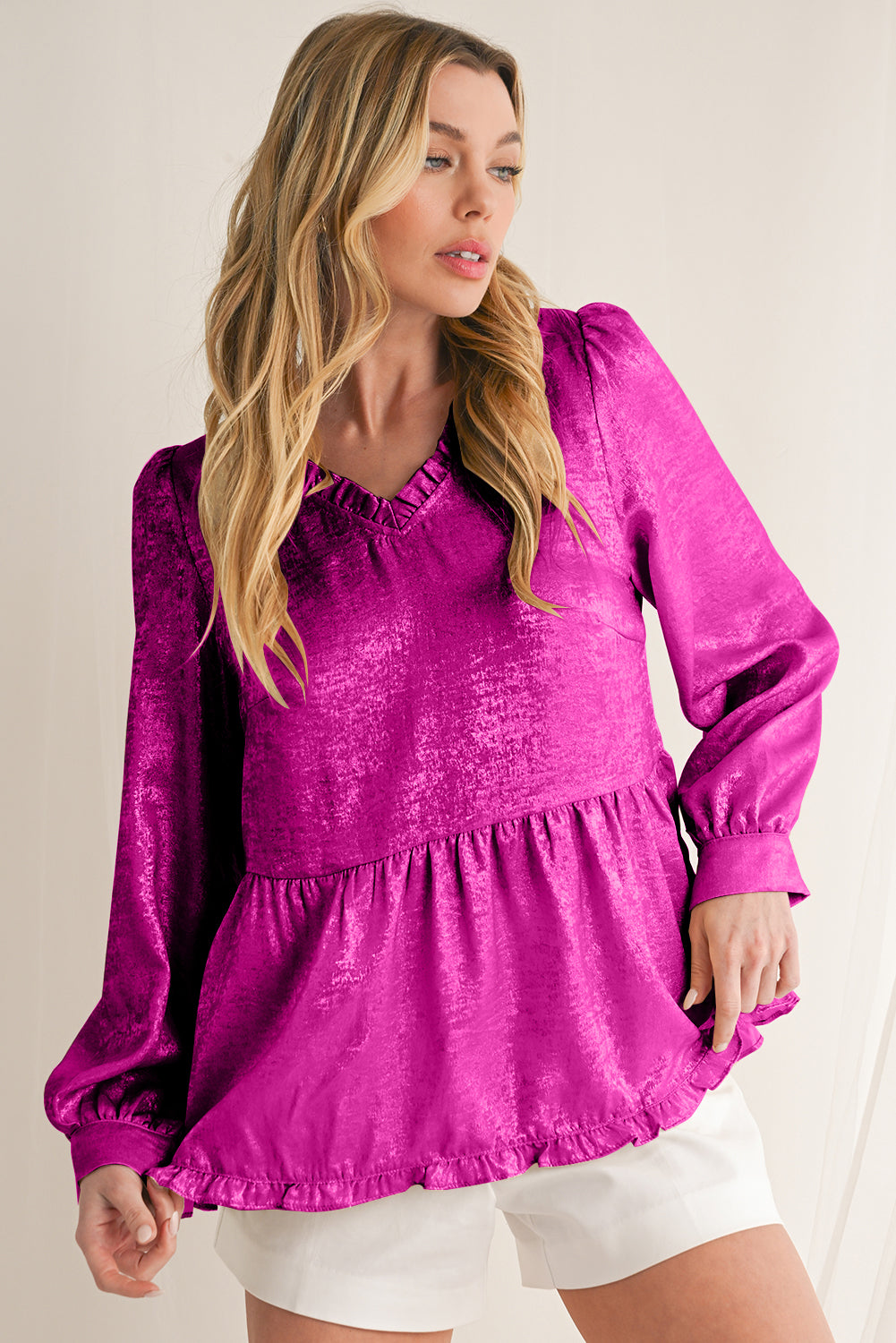 Gold Metallic Velvet Frill V Neck Puff Sleeve Babydoll Blouse