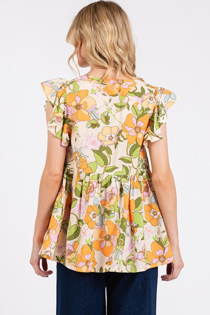 Mittoshop Floral V-Neck Ruffled Cap Sleeve Blouse