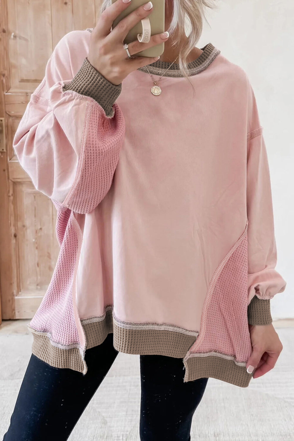 Wild Wind Colorblock Waffle Patchwork Oversize Sweatshirt