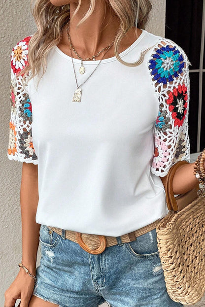 White Floral Hollowed Crochet Sleeve Boho Blouse