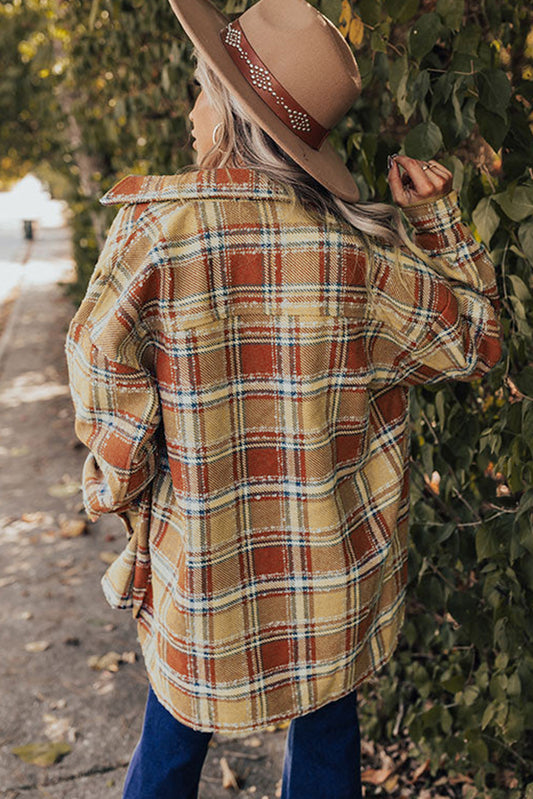 Dark Red Plaid Oversized Flap Pockets Shacket with Slits