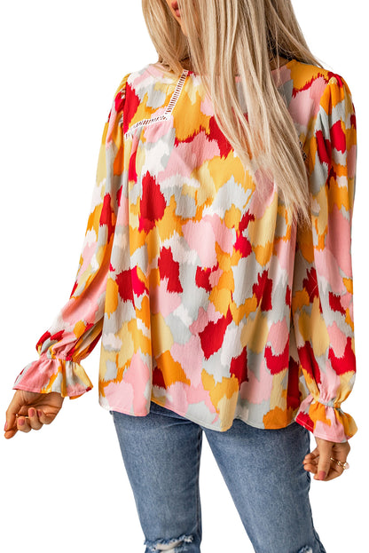 Multicolor Abstract Print Boho Ruffle Long Sleeve Blouse