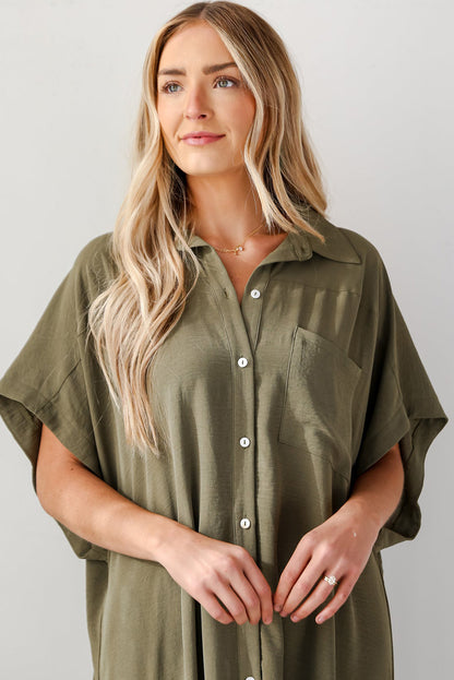 Jungle Green Loose High Low Side Slits Short Sleeve Shirt Dress