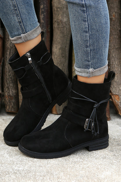 Black Faux Suede Zip Up Buckle Straps Ankle Boots