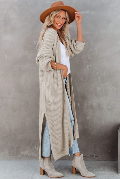 Beige Cable Knit Side Slits Open Front Duster Cardigan