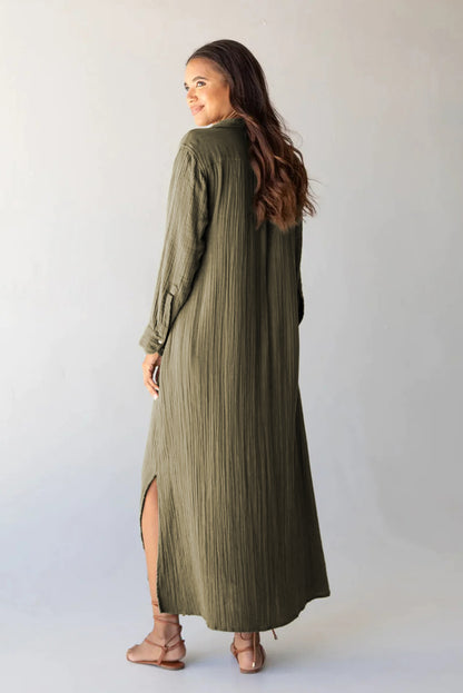 Green Crinkled Pocketed Side Slits Loose Maxi Dress