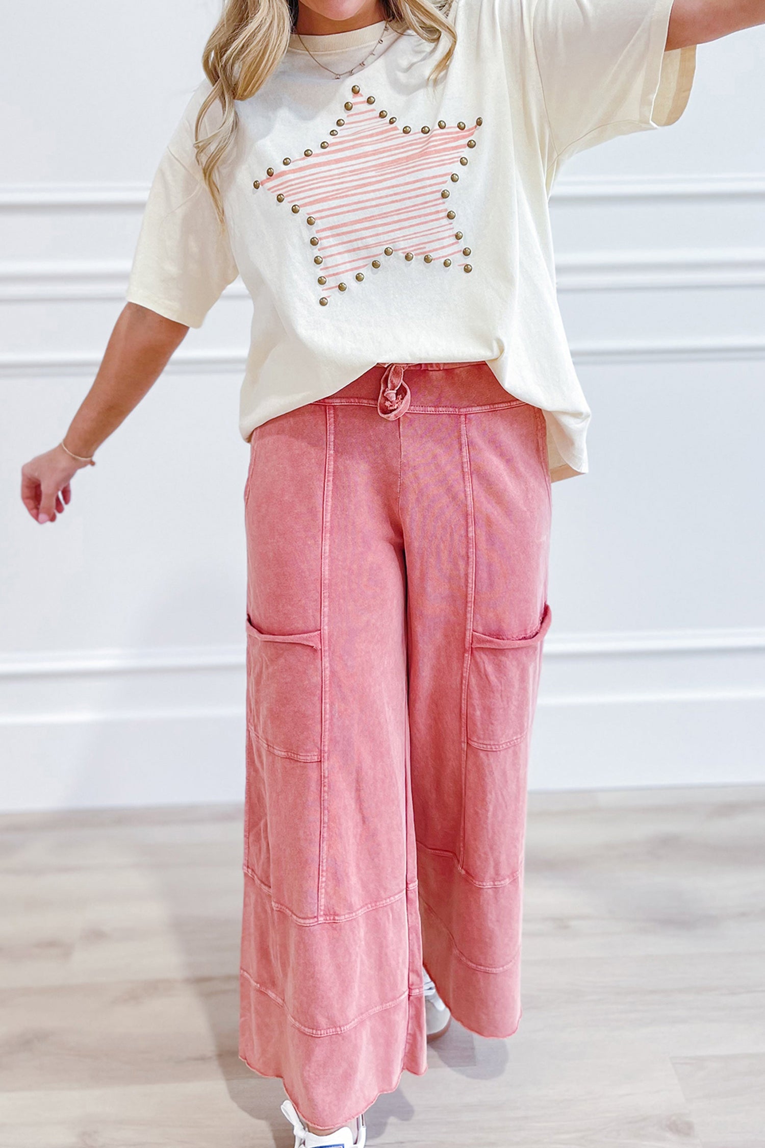 Beige Stardaze Star Print Stud Detail Cotton Jersey Top_y