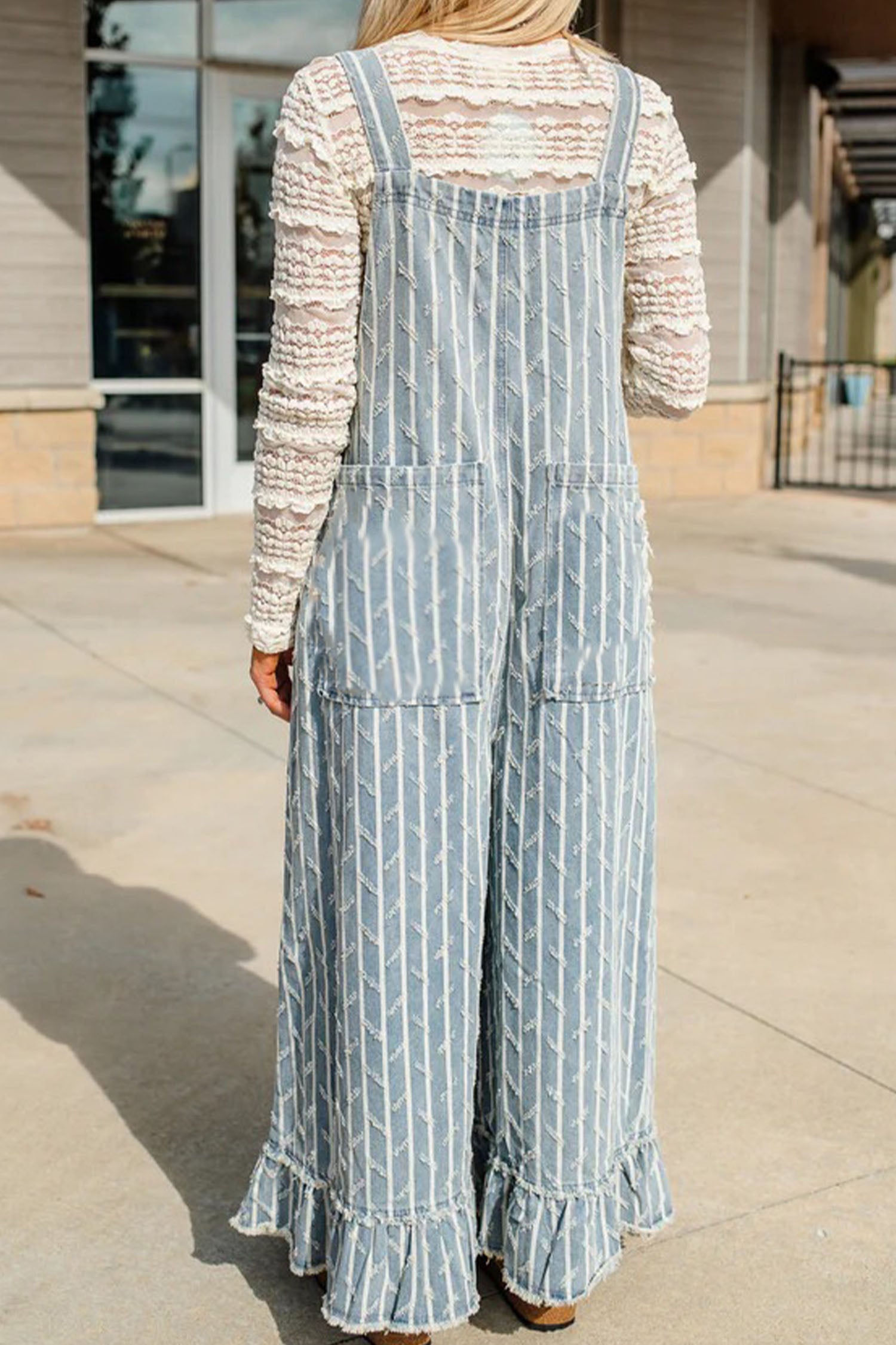 Myosotis Striped Distressed Ruffled Wide Leg Denim Overalls