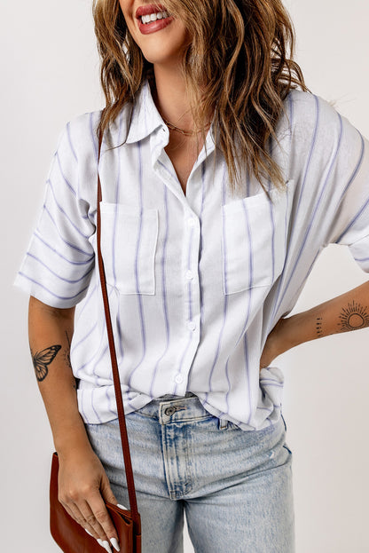 Black Striped Casual Short Sleeve Shirt with Pocket