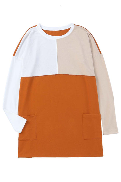 Orange Colorblock Casual Seam Pocket Loose Top