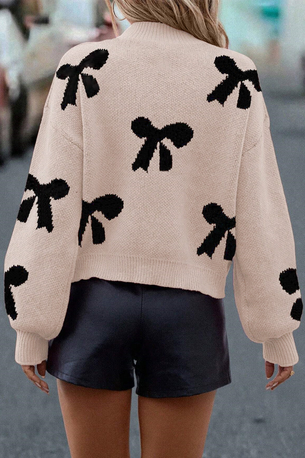 Bright Pink Pearl Embellished Bow Pattern Loose Sweater
