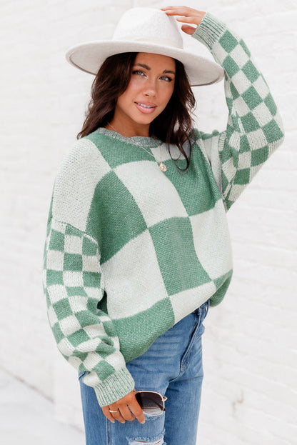 Mint Green Plaid Knitted Drop Shoulder Sweater