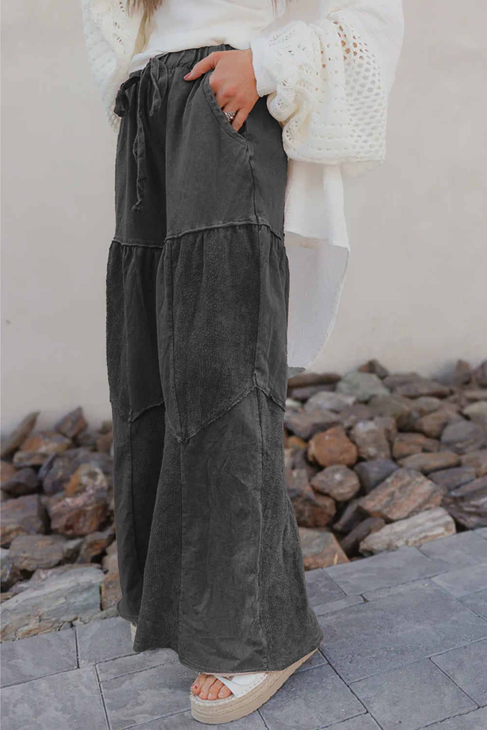 Vineyard Green Mineral Wash Tiered Wide Leg Patchwork Drawstring Pants