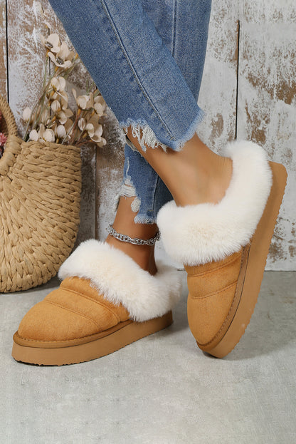 Camel Plush Suede Patchwork Thick Sole Slippers