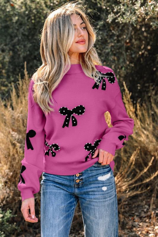 Bright Pink Pearl Embellished Bow Pattern Loose Sweater