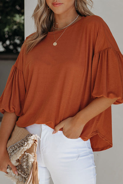 Orange Solid Color Casual Bishop Sleeve Blouse