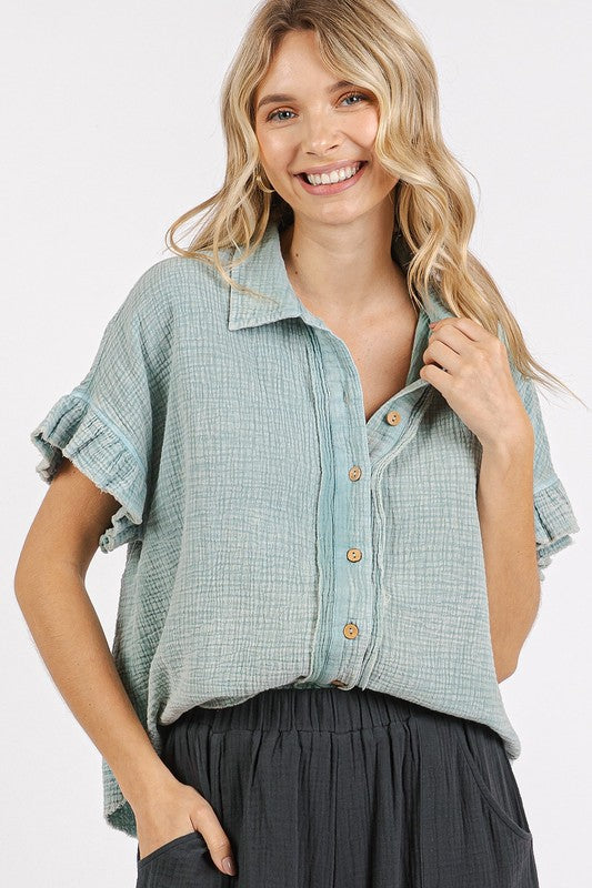 Mittoshop Mineral Washed Button Down Flounce Sleeve Shirt