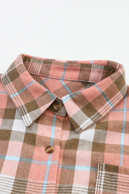 Pink Drop Shoulder Rounded Hem Plaid Pattern Shirt