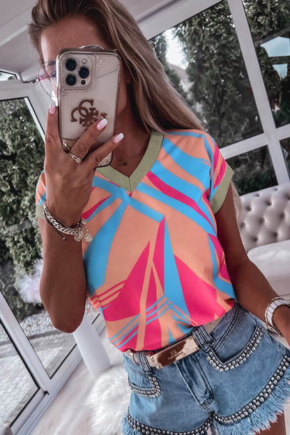 Geometric Print Contrast Trim V Neck Blouse