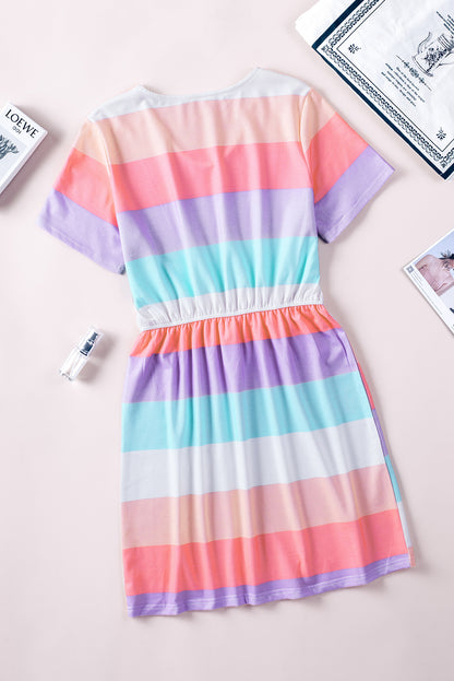 Multicolor Stripes Print Casual Short T Shirt Rainbow Dress