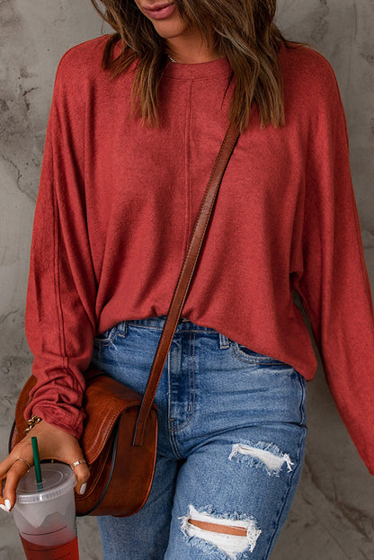 Red Basic Solid Color Seam Patchwork Long Sleeve Top