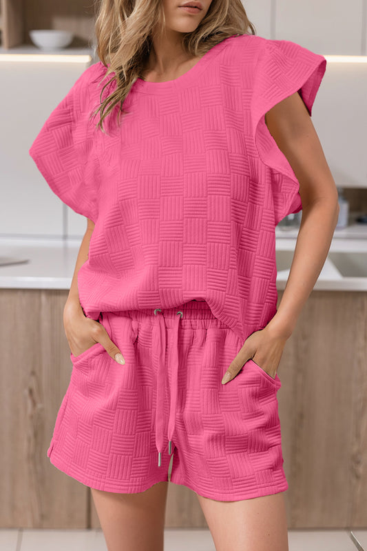 Bonbon Textured Ruffle Sleeve Tee and Drawstring Shorts Set